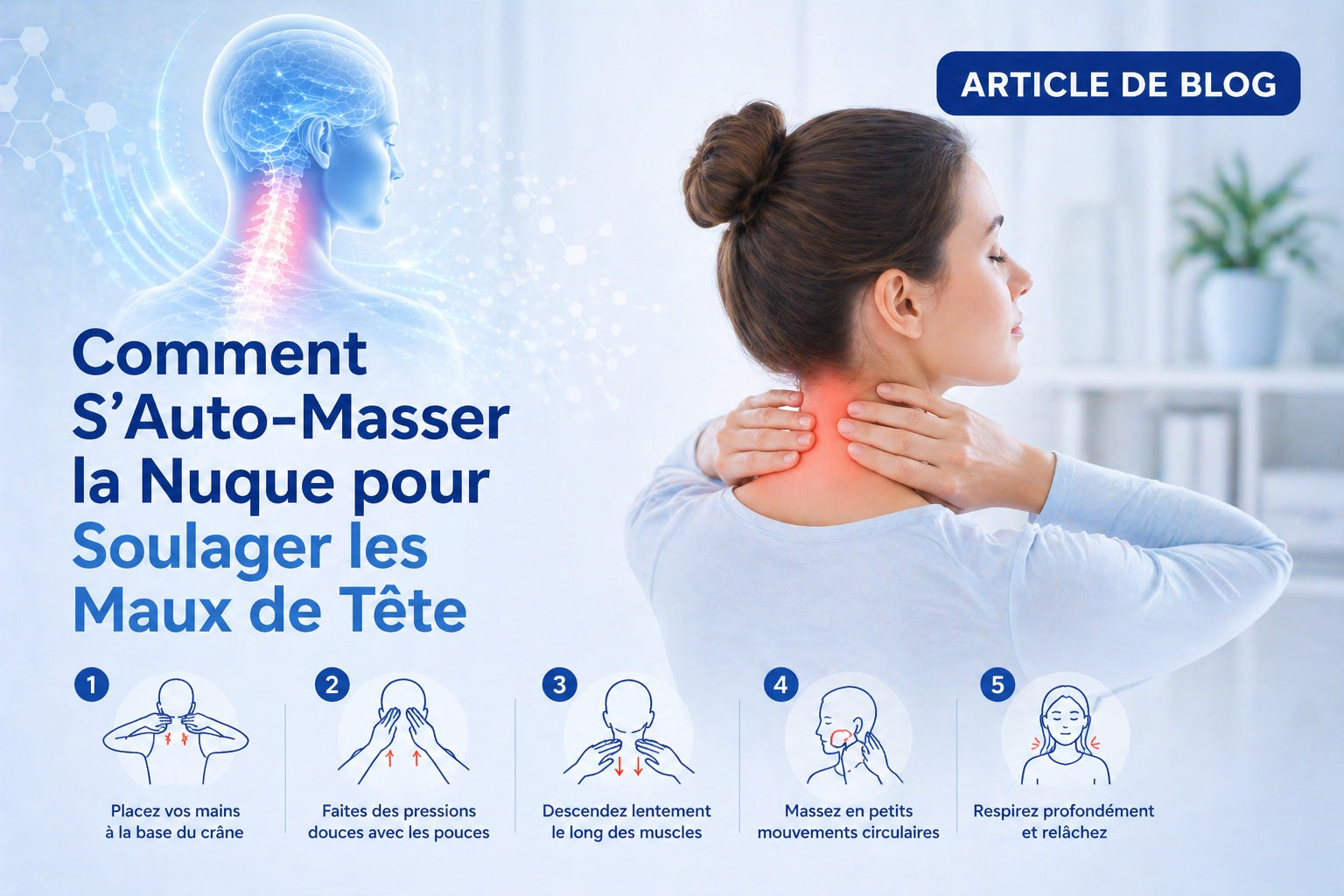 Femme pratiquant un auto-massage des points suboccipitaux à la base du crâne avec ses pouces