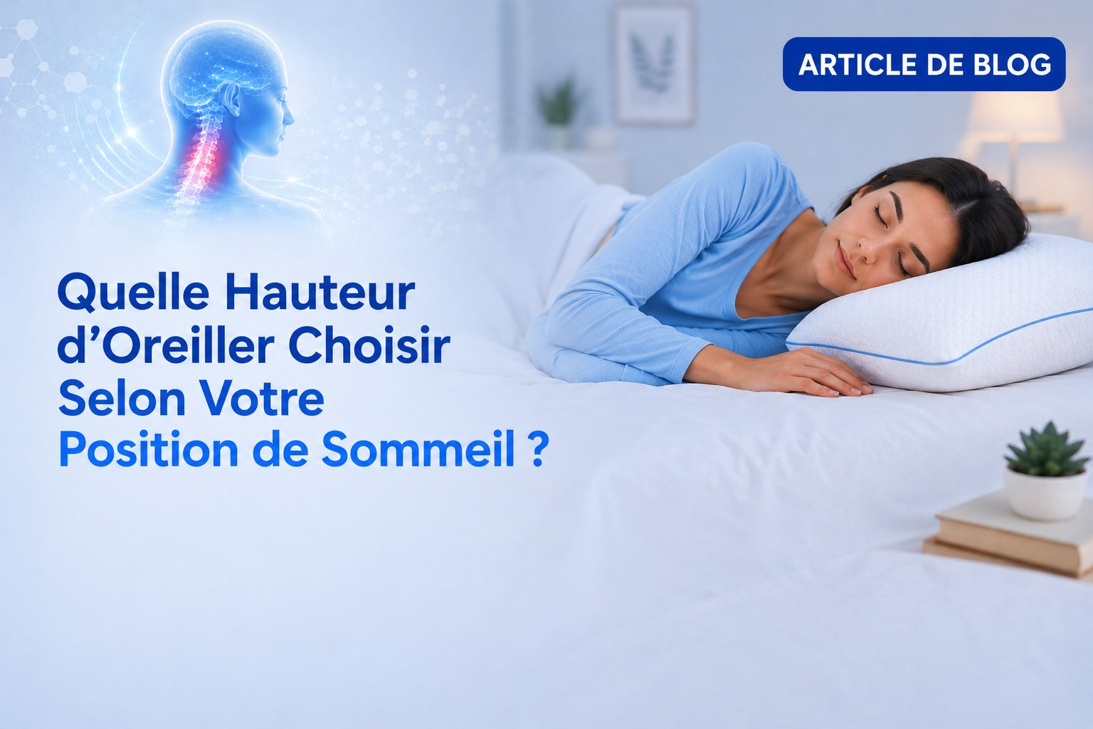 Schéma technique comparant trois hauteurs d'oreiller selon les positions de sommeil dos, côté, ventre avec mesures précises en cm