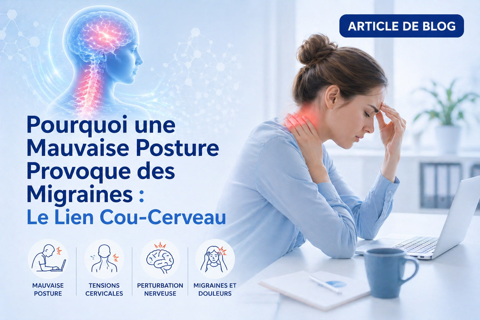 Schéma anatomique illustrant la connexion entre cervicales tendues et déclenchement des migraines au niveau du nerf trijumeau