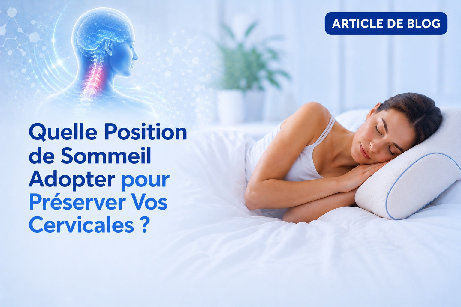 Illustration des trois positions de sommeil principales (dos, côté, ventre) avec impact sur l'alignement cervical
