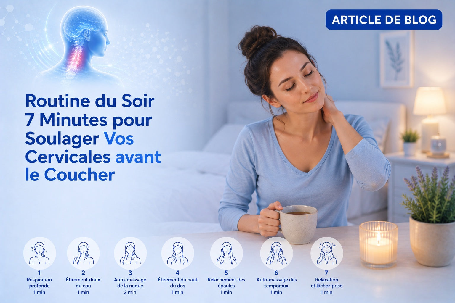Femme pratiquant des étirements du cou en routine du soir dans sa chambre avant le coucher